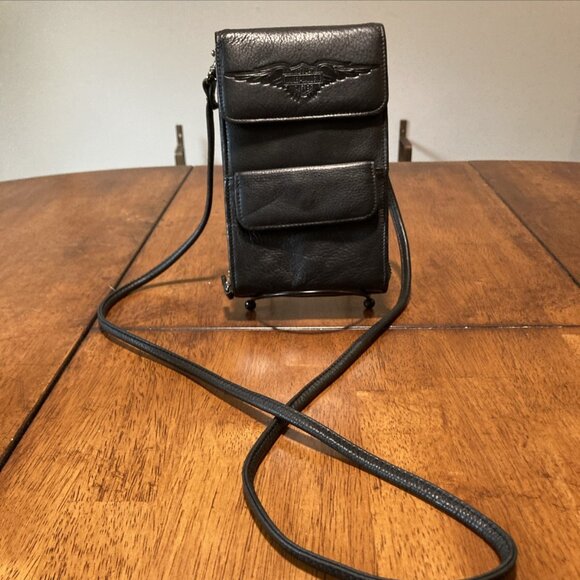 Vintage Harley-Davidson Black Leather Crossbody Wallet Purse 4.5x7" - Picture 1 of 12